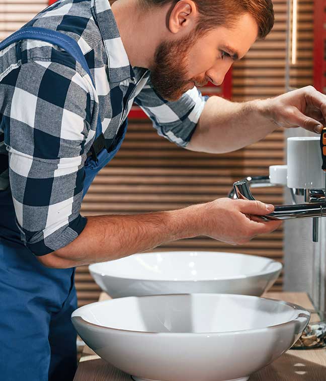 Plumber repairing pipework beneath a bathroom basin.