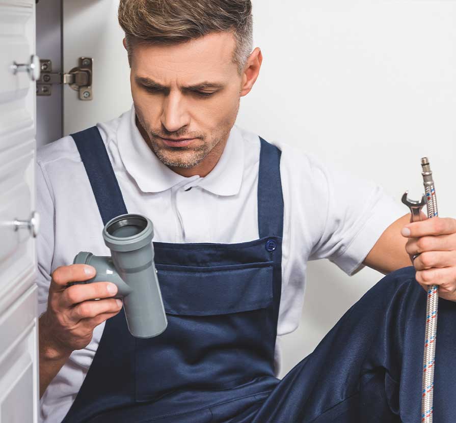 Plumber inspecting a sink trap with a wrench